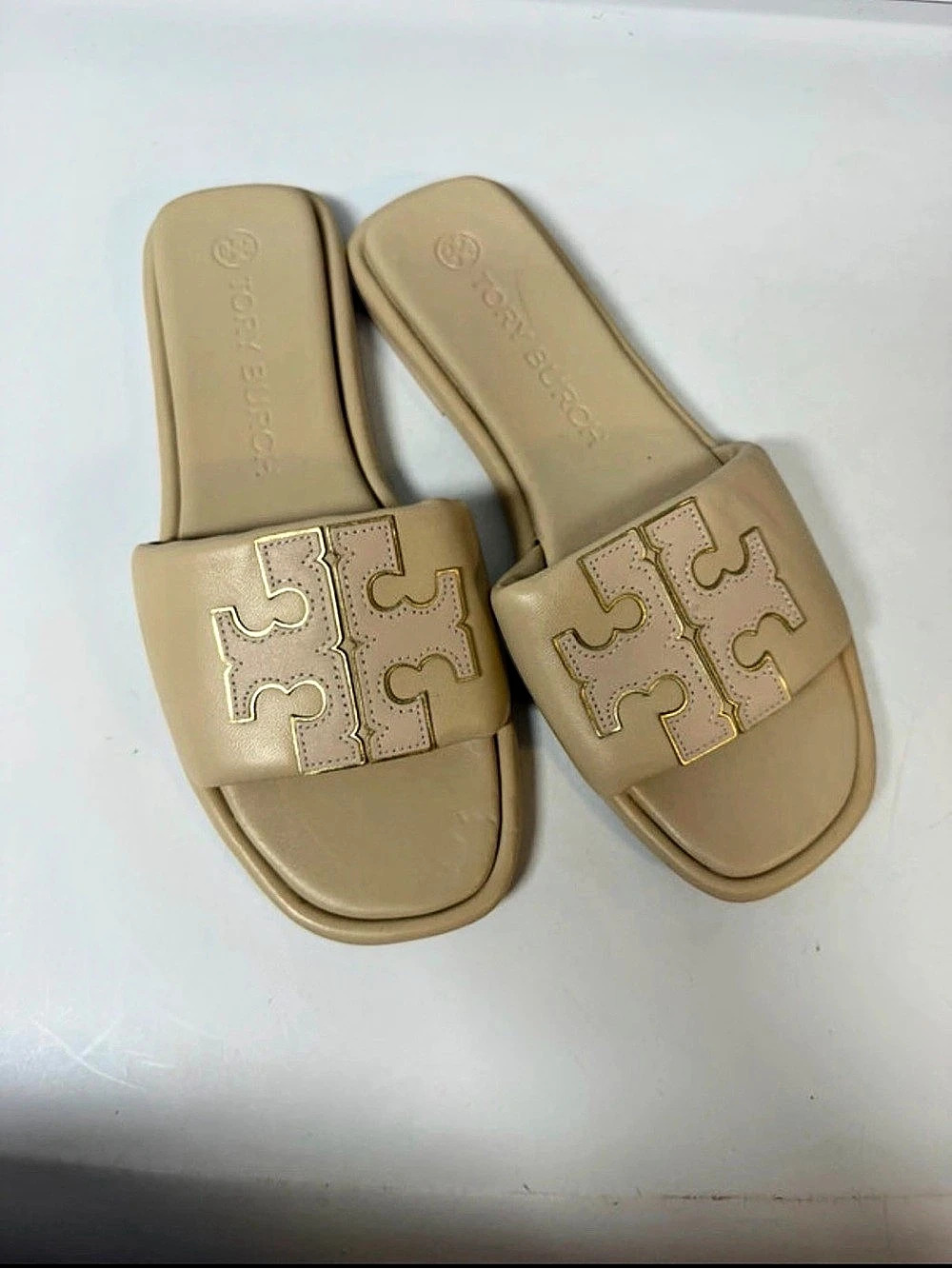 Tory Burch Double T Sport Slide Sandals in Beige